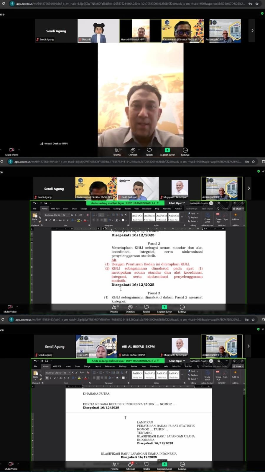 Rapat Pleno Harmonisasi Rancangan Peraturan Badan Pusat Statistik tentang Klasifikasi Baku Lapangan Usaha Indonesia  (KBLI)